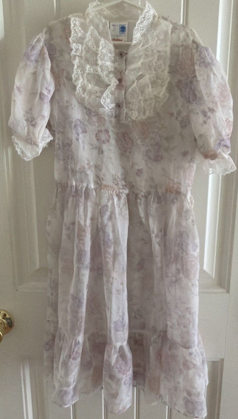 Vintage Arlene Airess Girl’s Size 12 Purple Floral Sheer Dress Union Label USA